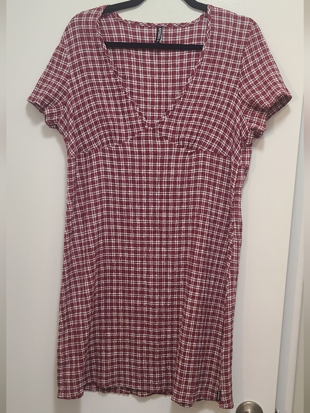 Afends Burgundy Plaid V-Neck Mini Dress